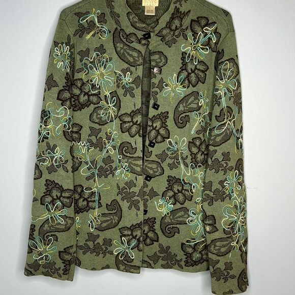 Sigrid Olsen Sport Green Floral Embroidered Cardigan Sweater Large - Picture 1 of 8